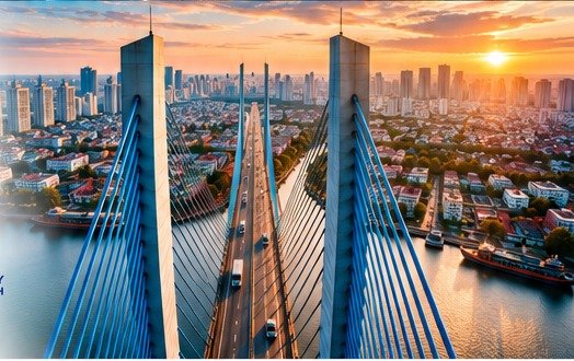 Modern bridge connecting a city skyline